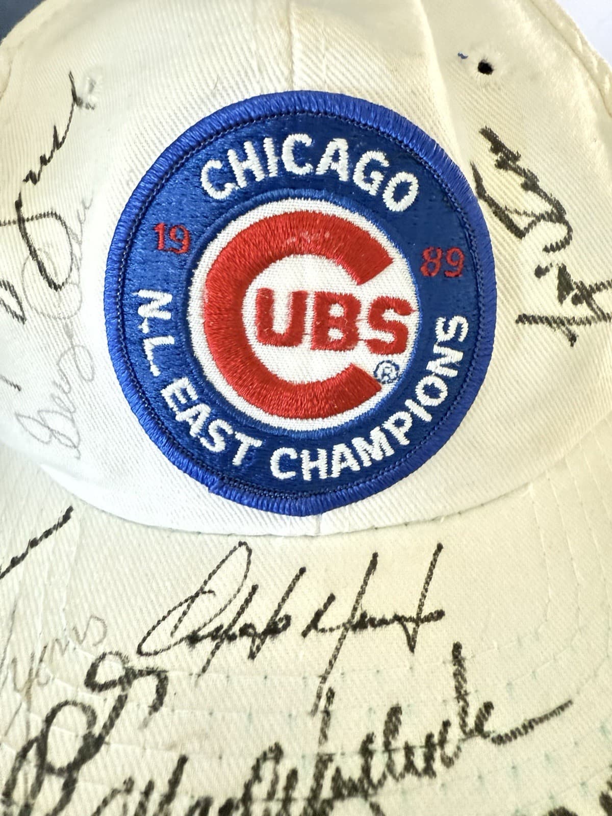 Vintage White Chicago Cubs 10 Players Autographed Cap 1989 N.L. East Champions 5