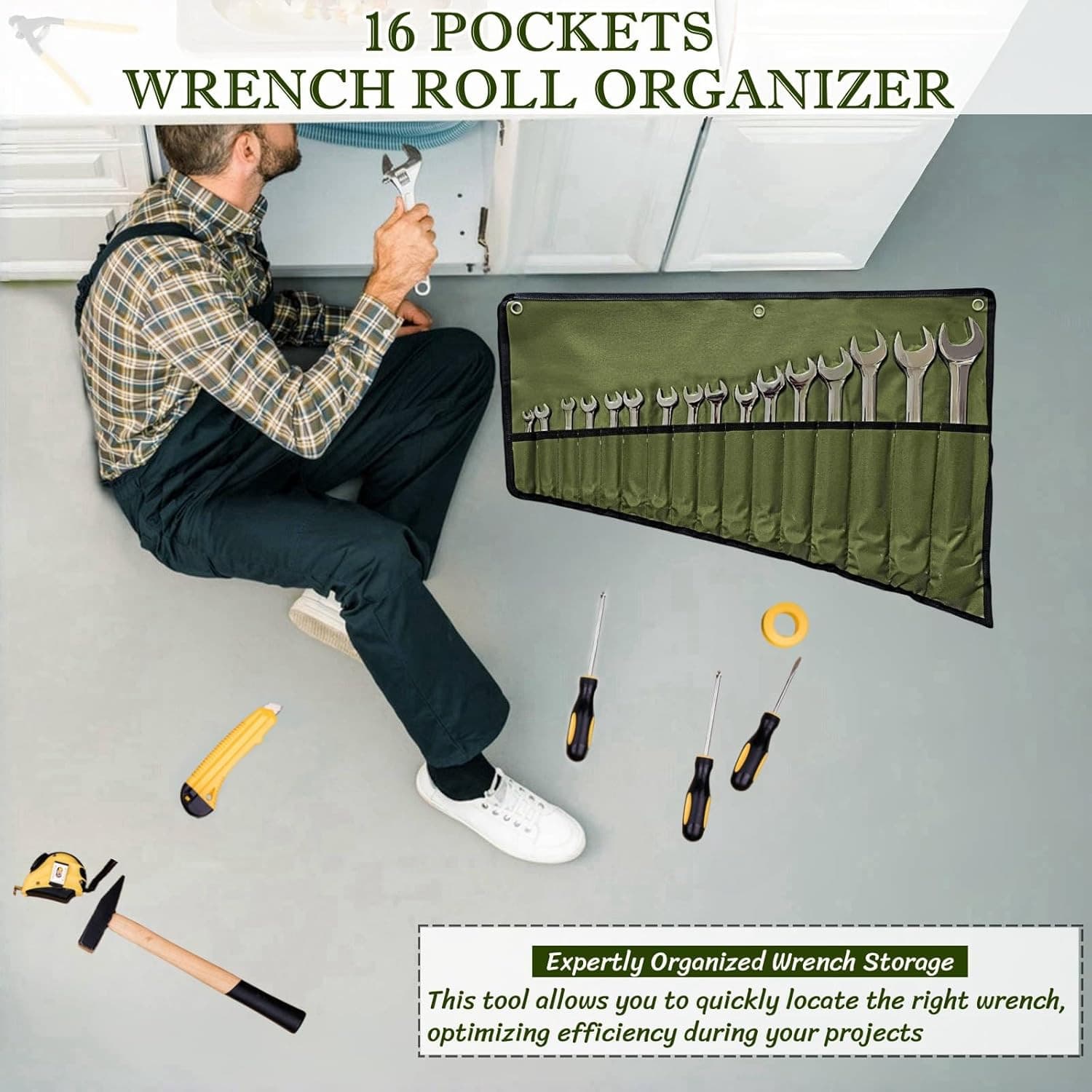 16 Pockets Wrench Roll up Pouch, Wrench Roll Organizer and Tool Storage, Rolled 2