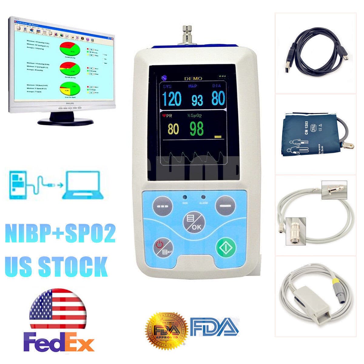 CONTEC PM50 Vital Signs Patient Monitor NIBP SPO2 PR Monitor+Adult Cuff+Software 2