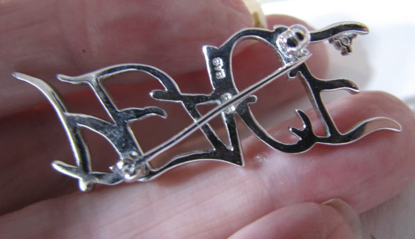 Modernist Sterling Silver Peace Cut Out Pin Open Silver Work Diamond Chip Signed 5