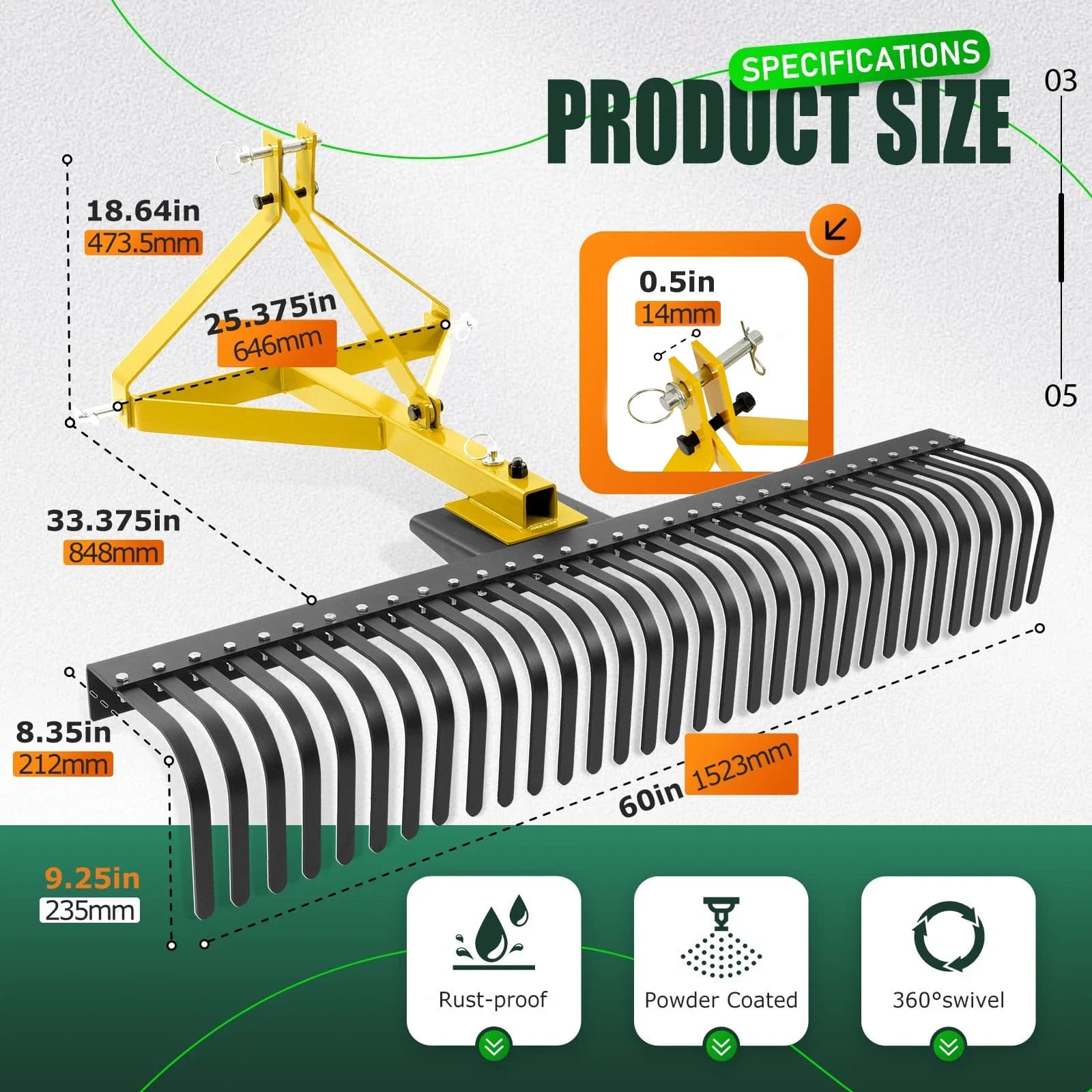 3-Point 60" 5 FT Landscape Rake For Cat 1 Tractors Attachment Soil Gravel Lawn 6
