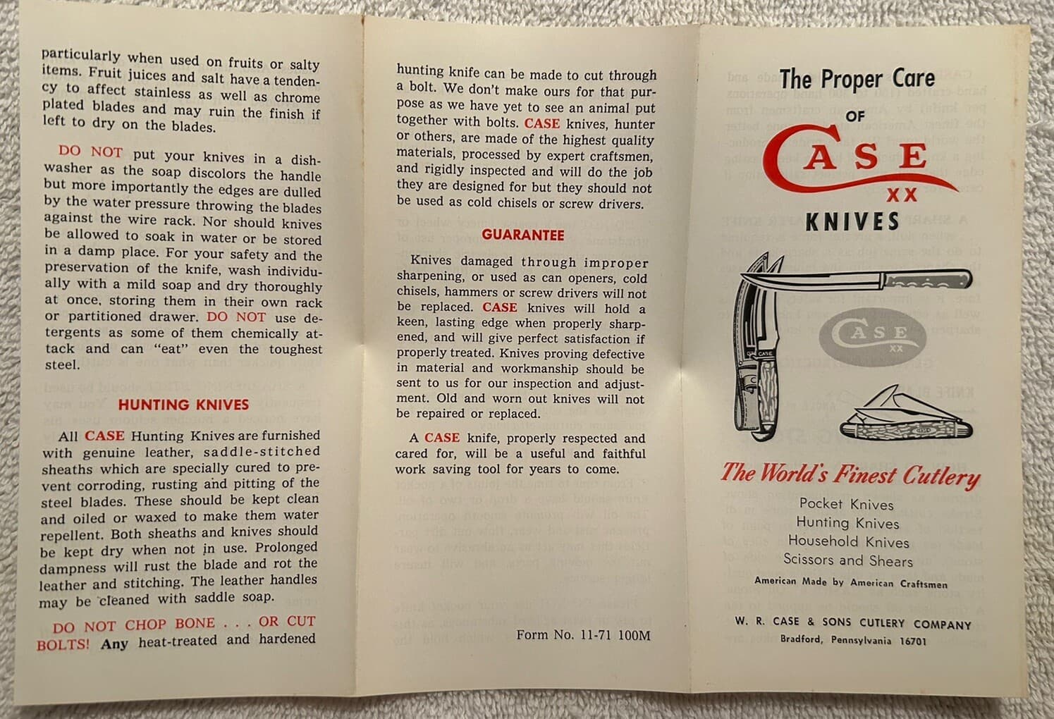 Vtg. Pamphlet Proper Care Of Case XX Knives Dated 1971 Pocket Hunting Household 3
