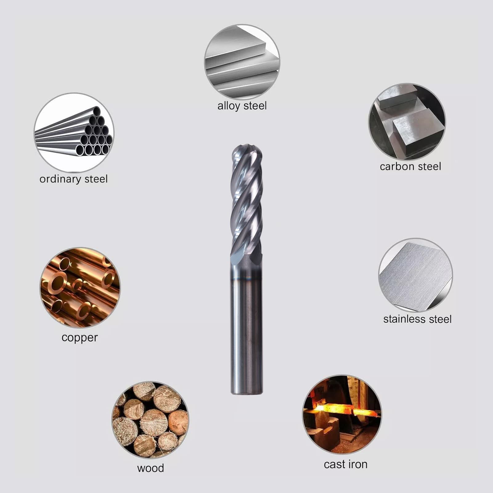 1/4" 4 Flute 2-1/2" Overall Length Ball Nose Solid Carbide End Mill AlTiN Coated 6