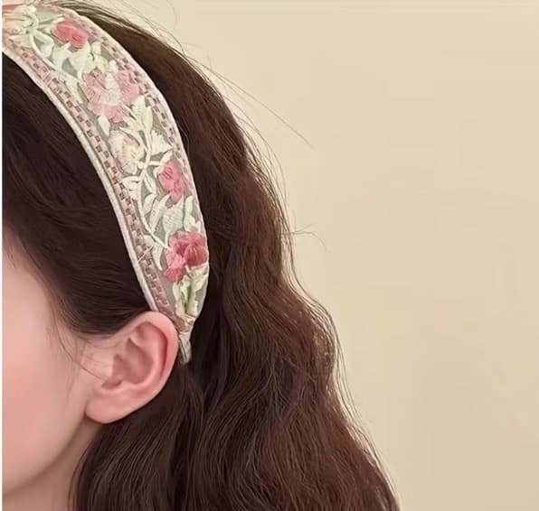 Vintage Retro Green And Yellow Floral Embroidered Lace Fabric Hair Band Headband 4