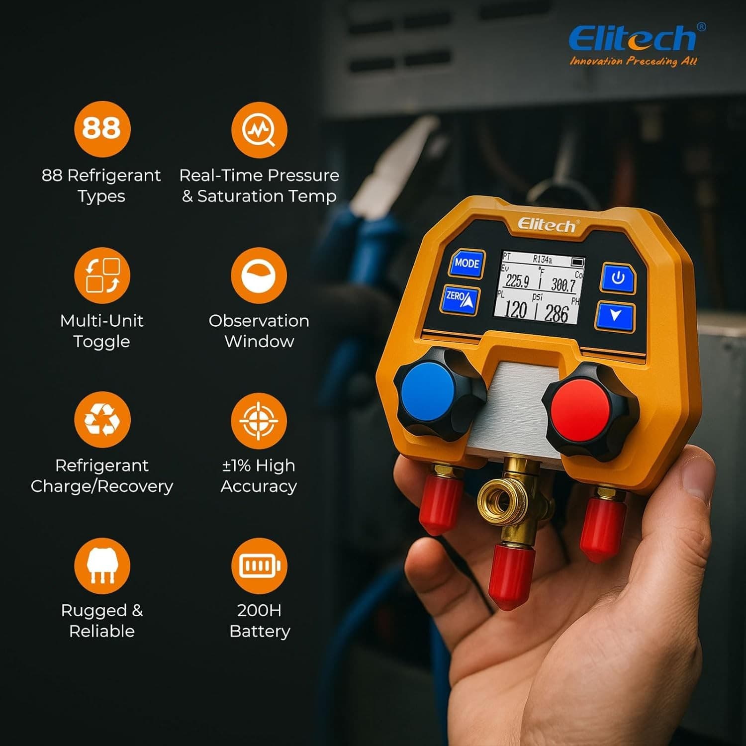 Elitech DMG-2SE Digital Manifold Gauge Set Pressure Gauge with Charging Hose 2