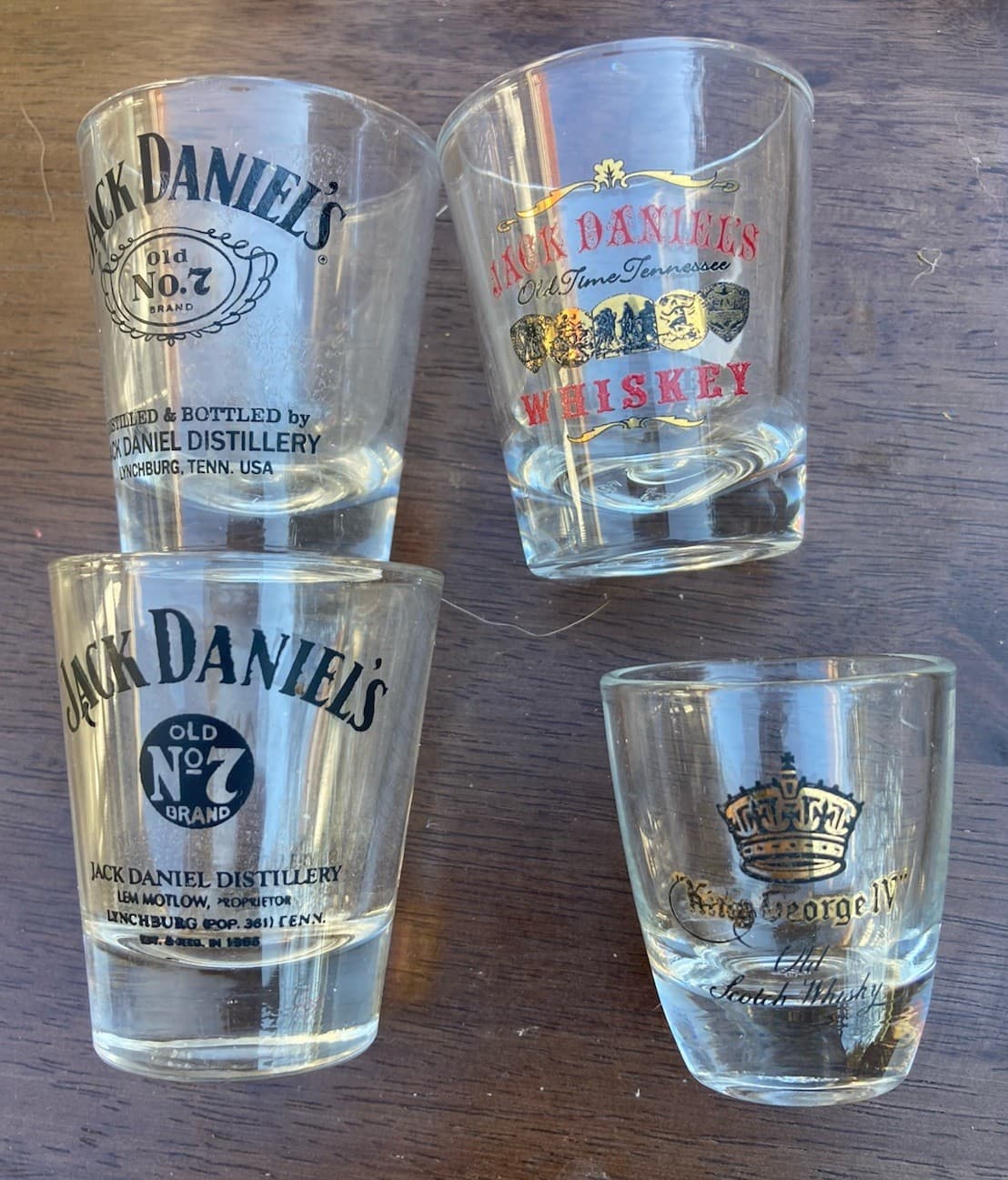 Lot of 6 Shot Glasses,3 JACK DANIELS,2 JIM BEAM,1 KING GEORGE"1 OLD CHARTER FREE