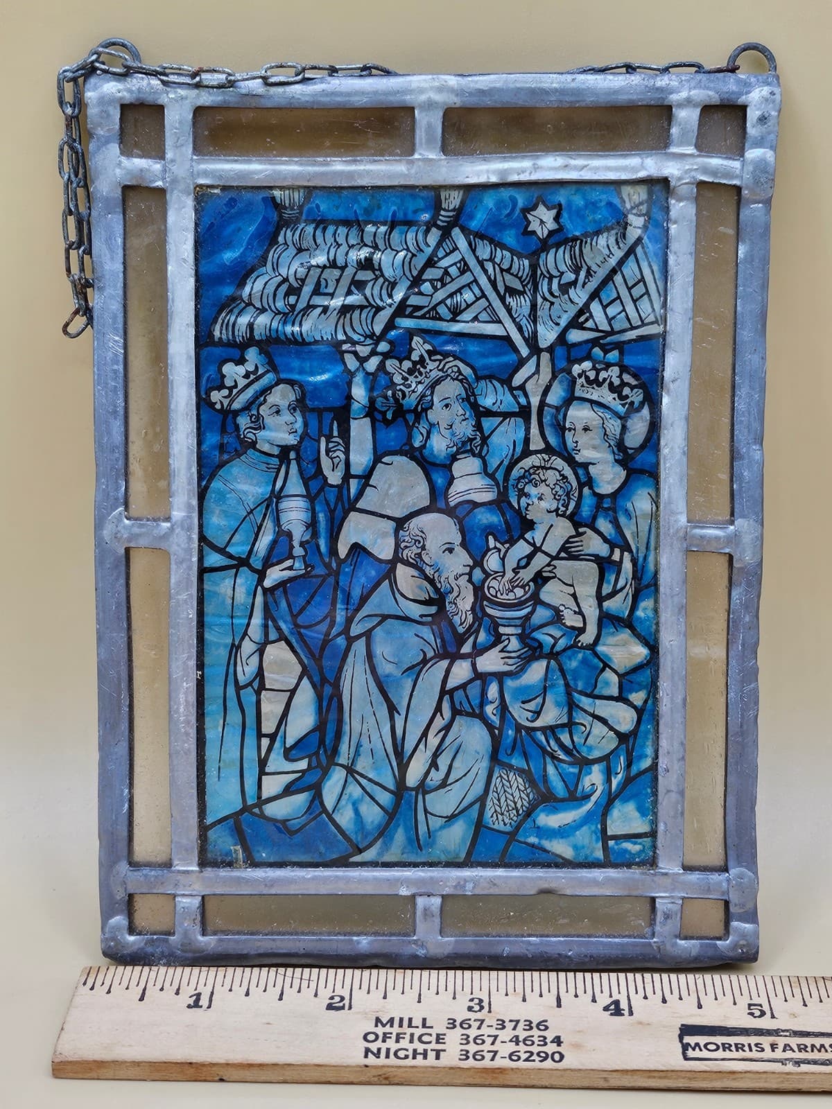 Small Stained Glass Image of the Magi greeting the Christ Child, Blue and Silver 6