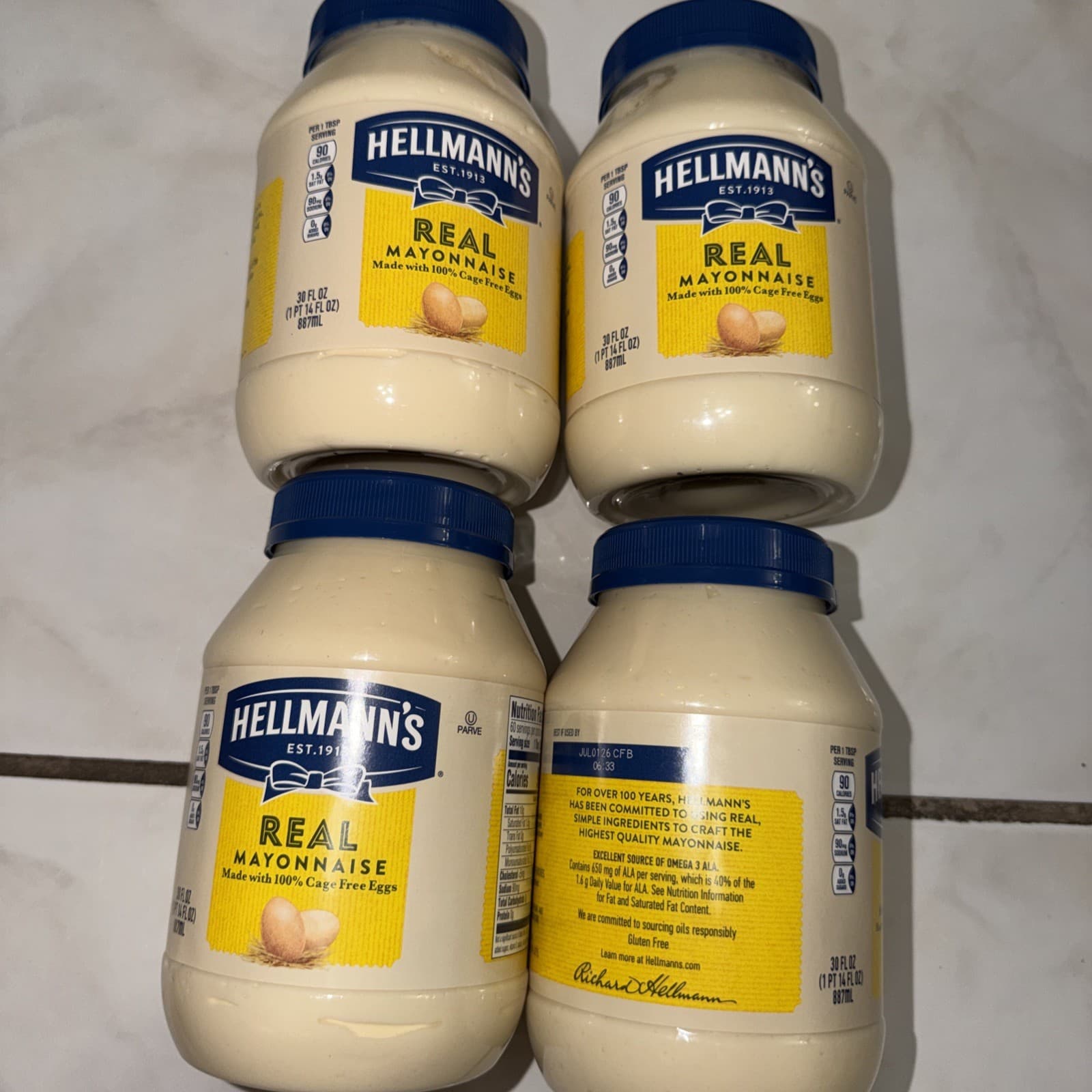 4 Hellmann's Real Mayonnaise Rich Creamy Condiment Gluten Free, 30 oz Jar