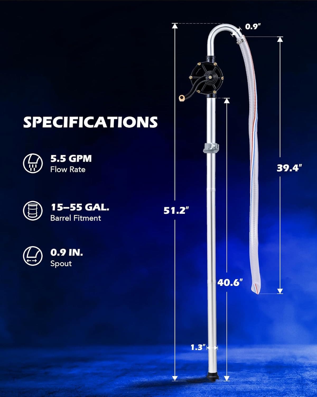 55 Gallon Drum Pump, Hand Crank Fuel Transfer Pump for 15 to 55 Gallon Drums, He 4