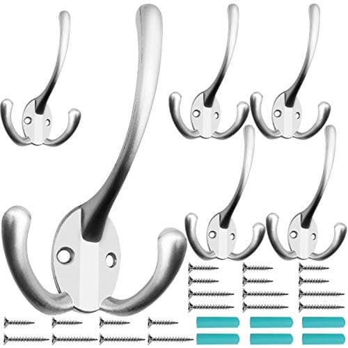 6 Pack Big Heavy Duty Three Prongs Coat Hooks Wall Mounted with 24 Matte Nickel 2