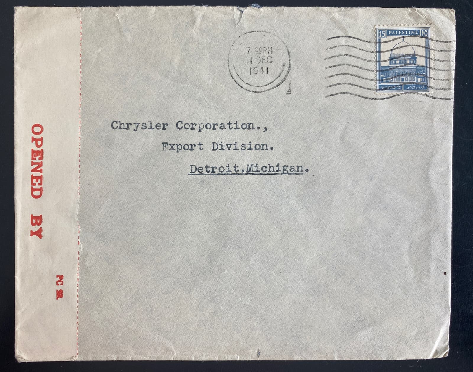 1941 Tel Aviv Palestine Censored  Cover To Chrysler cOrp Detroit MI Usa