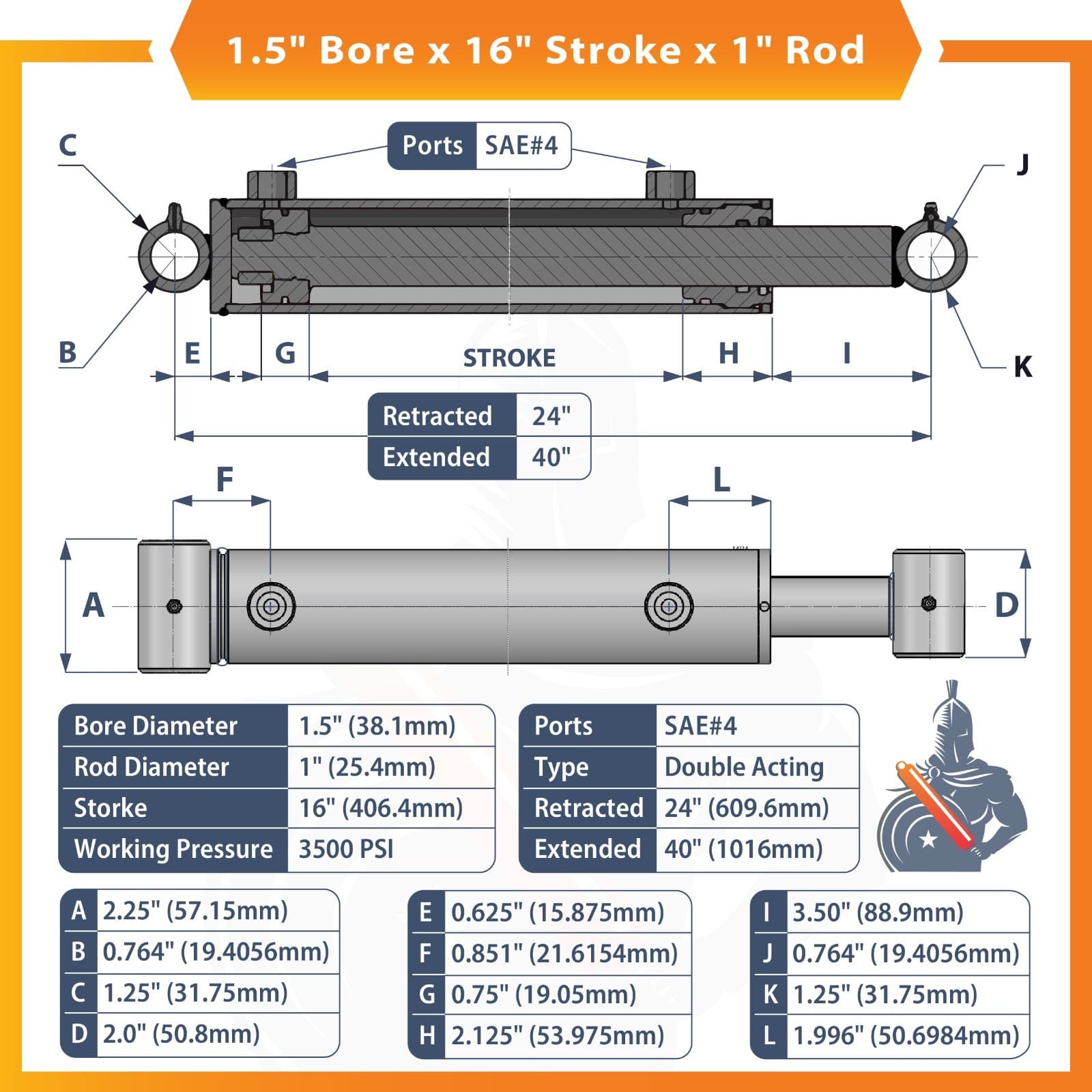 1.5x16 Hydraulic Cylinder 1.5" Bore 16" Stroke Welded Cross Tube Double Acting 2