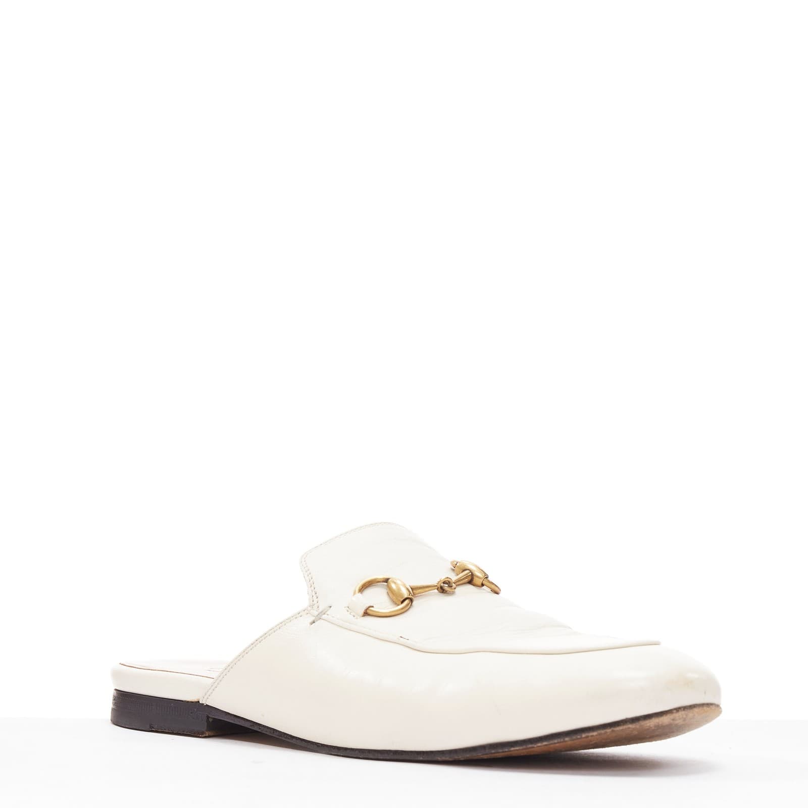 GUCCI Princetown cream leather gold horsebit flat mule loafer EU36 3