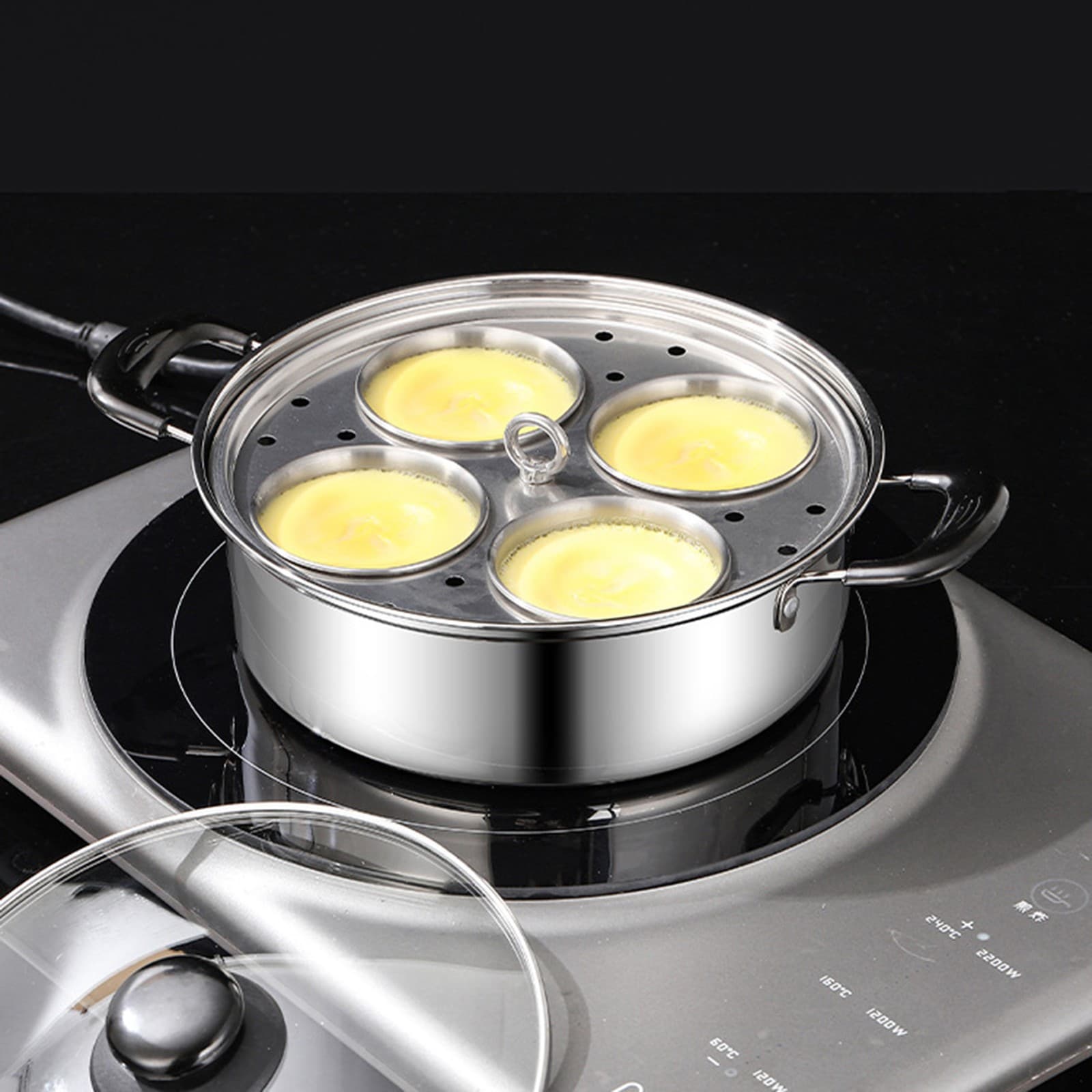 4-Cup Stainless Steel Egg Poacher Pan with Glass Lid Nonstick Egg Cups 6