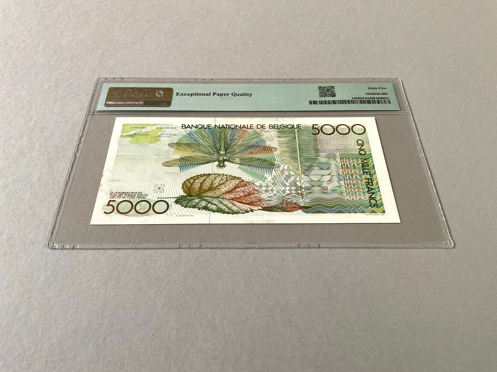 Belgium 5,000 Francs P-145 ND (1982-92)  PMG 65 EPQ 4