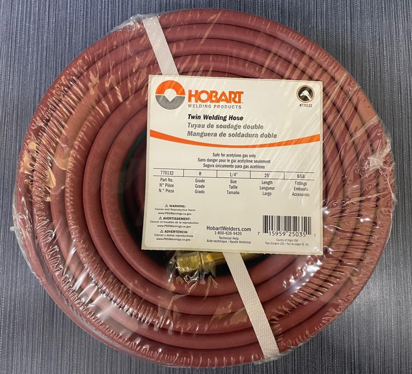 Hobart Oxy/AC Hose Grade R Twin Welding Hose 770132 ~ 1/4" x 25' B&B Fittings