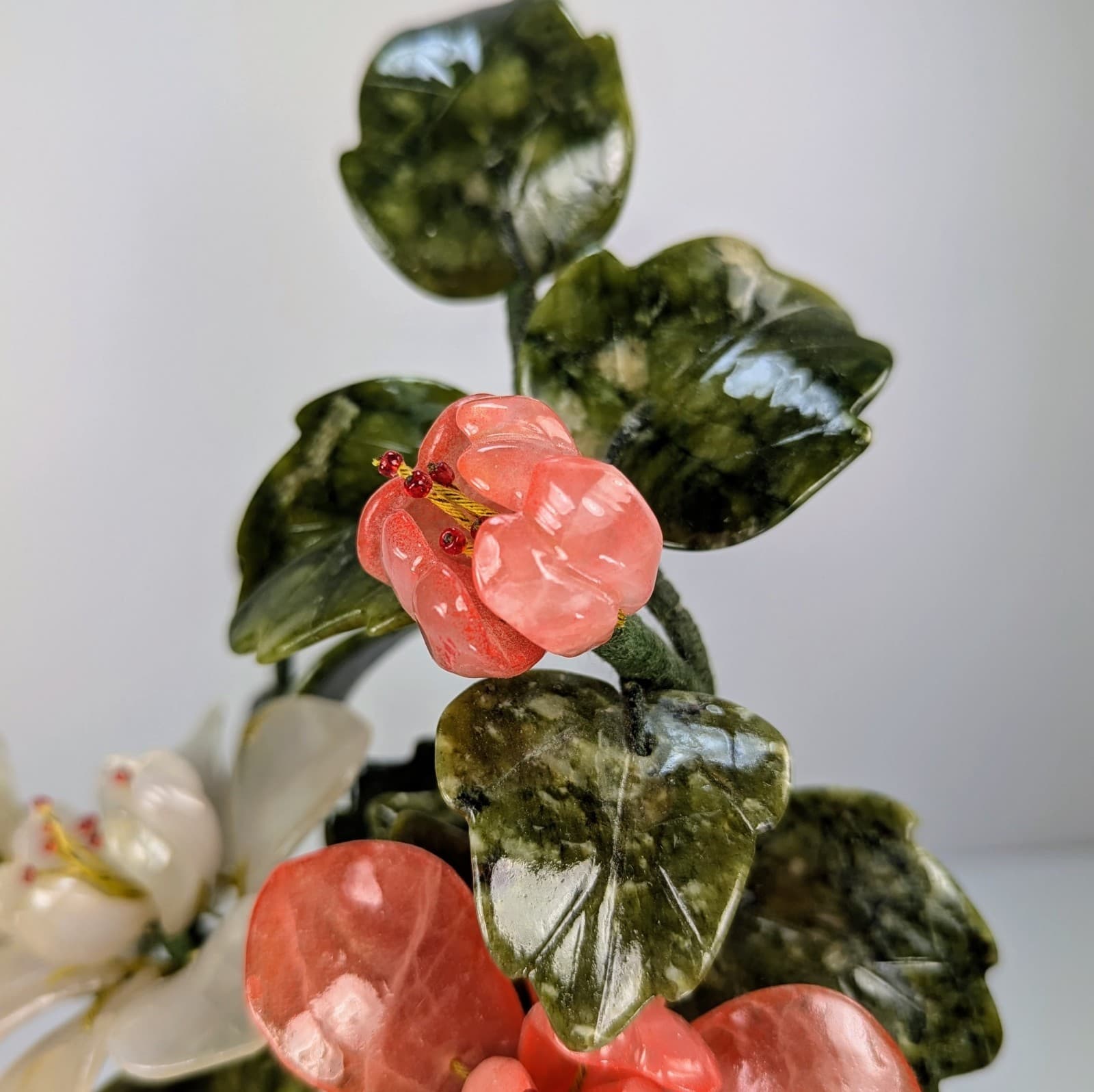 VTG Chinese BONSAI Tree Jade CHERRY BLOSSOMS White Red FLOWERS Agate Stone 13"T 5