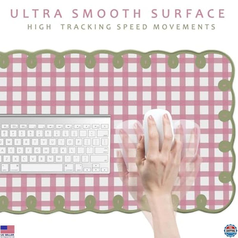 Pink & Green Scalloped Desk Mat - Large Checkered Mouse Pad, Kawaii Vintage 6