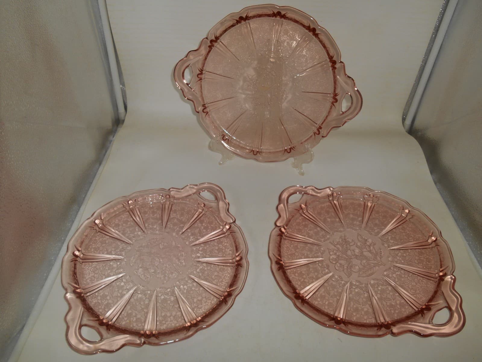 Excellent Jeanette Pink Cherry Blossom depression glass 12 5/8" Handled Tray 5