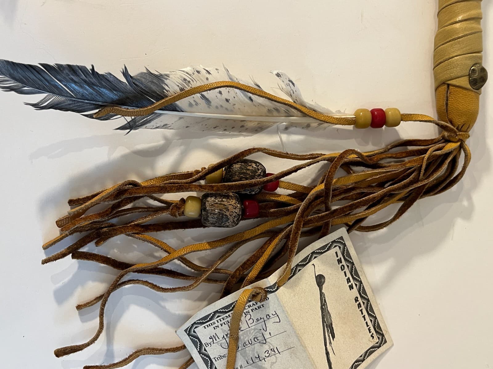 Native American Rawhide Ceremonial Turtle Rattle 15" Feathers Arrowheads Beads 4