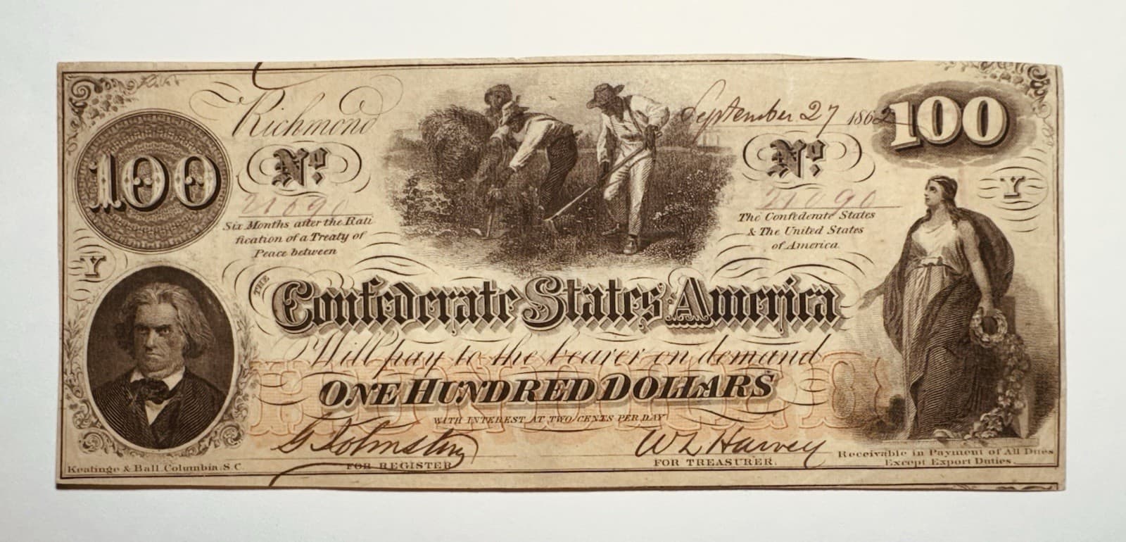 1862 $100 Confederate States of America Note T41 CSA Watermark