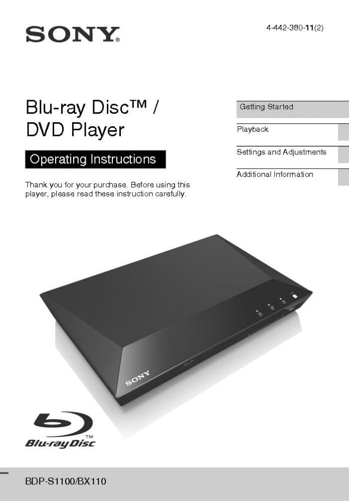 Sony BDP-BX110 Blu-ray Player Owners Manual