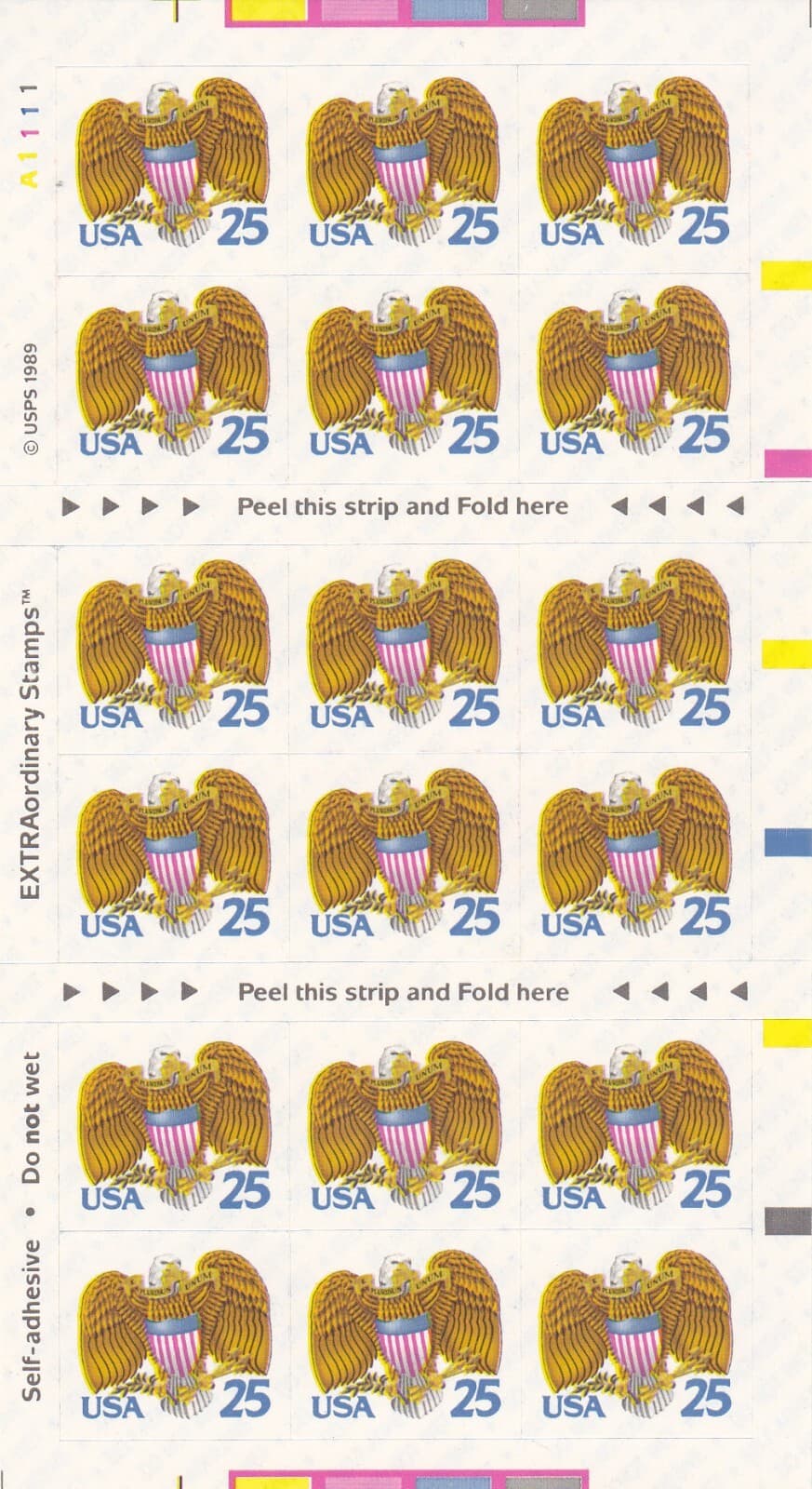 ONE U.S. BOOKLET PANE OF 18 SCOTT#2431a 1989 25ct EAGLE & SHIELD MNH P#A1111 2