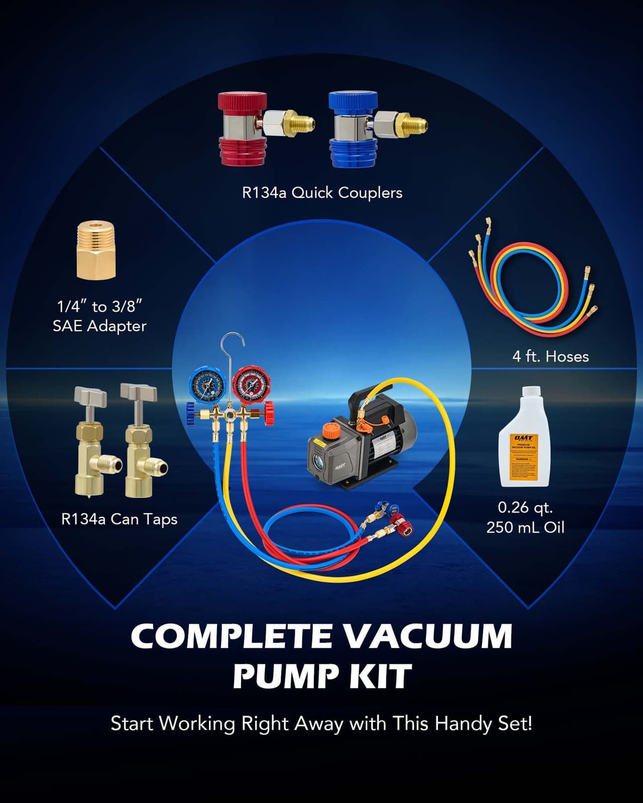 OMT Combo 1/3HP 4CFM Air Vacuum Pump MANIFOLD GAUGE Set HVAC AC Refrigerant Kit 3