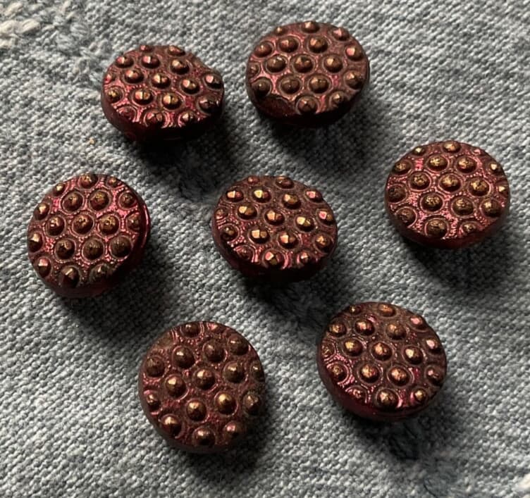 7 Matching Antique Victorian Black Glass Buttons - Tinted Red & Gold - 1/2” 2
