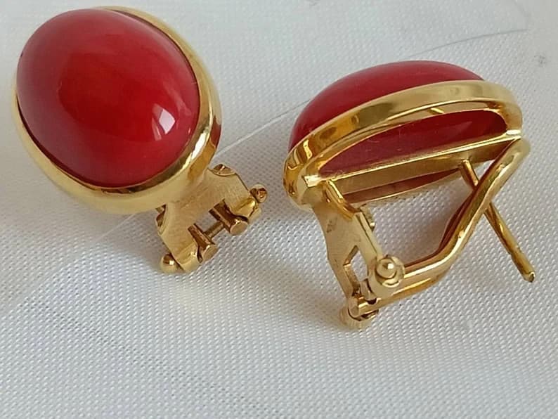 Estate Sardinia Red Coral 18K Yellow Gold Over Clip-On Studs Earrings Good Luck 3