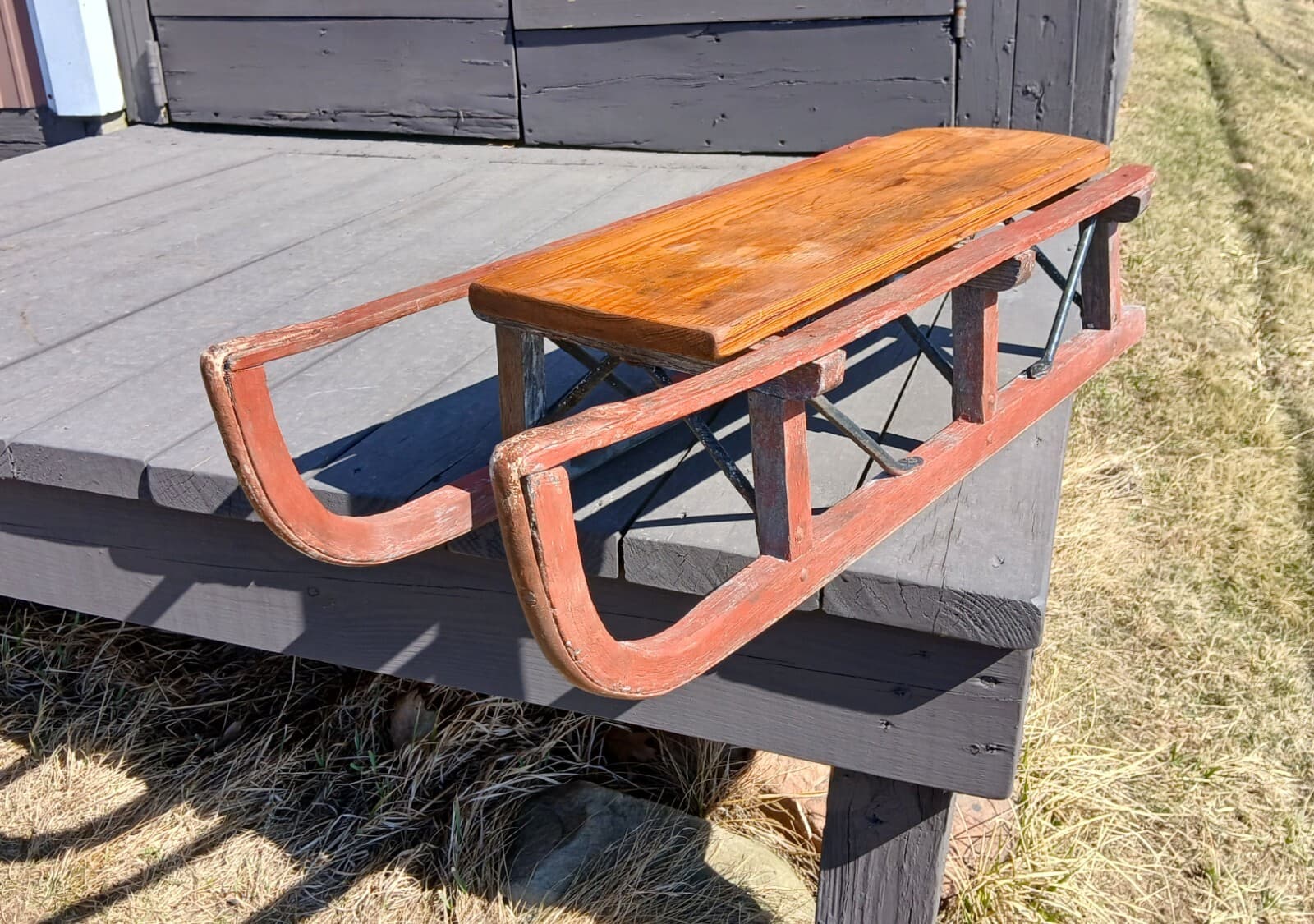 Antique Primitive Wooden Sled in Old Red Paint 1870s 5