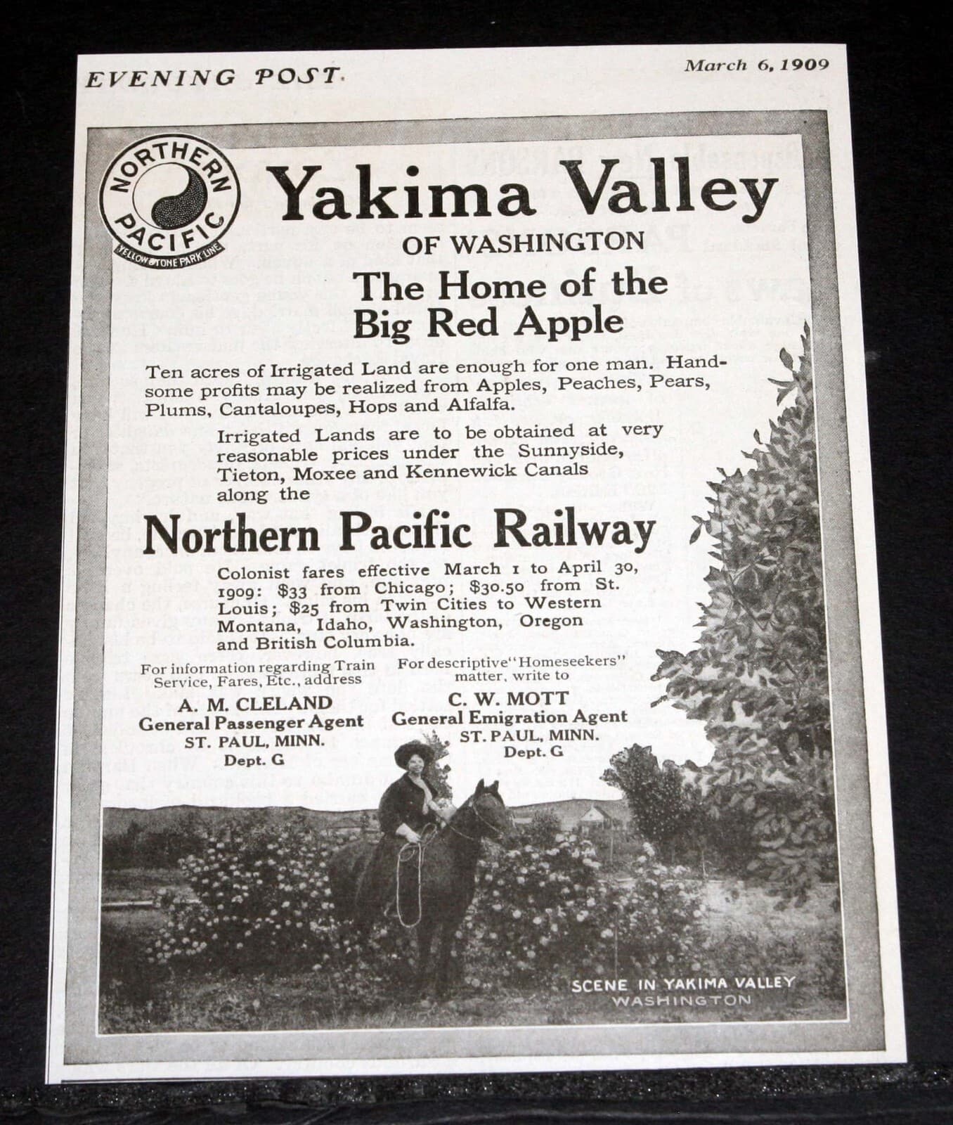 1909 OLD MAGAZINE PRINT AD, NORTHERN PACIFIC RAILWAY, YAKIMA VALLEY-RED APPLES!