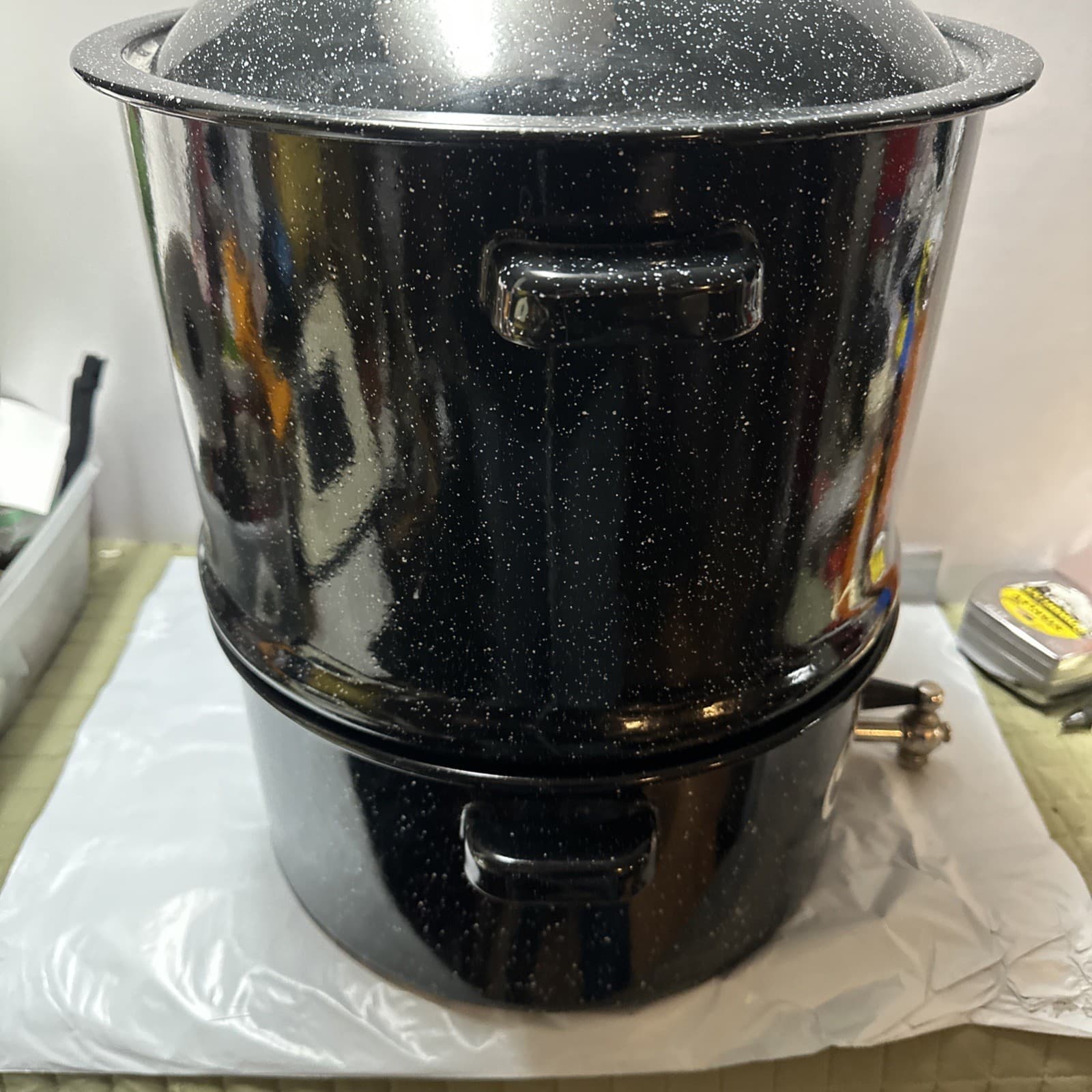 Vintage Enamelware Clam Steamer Double Steam Pot Broth Spigot Lid Speckled 5