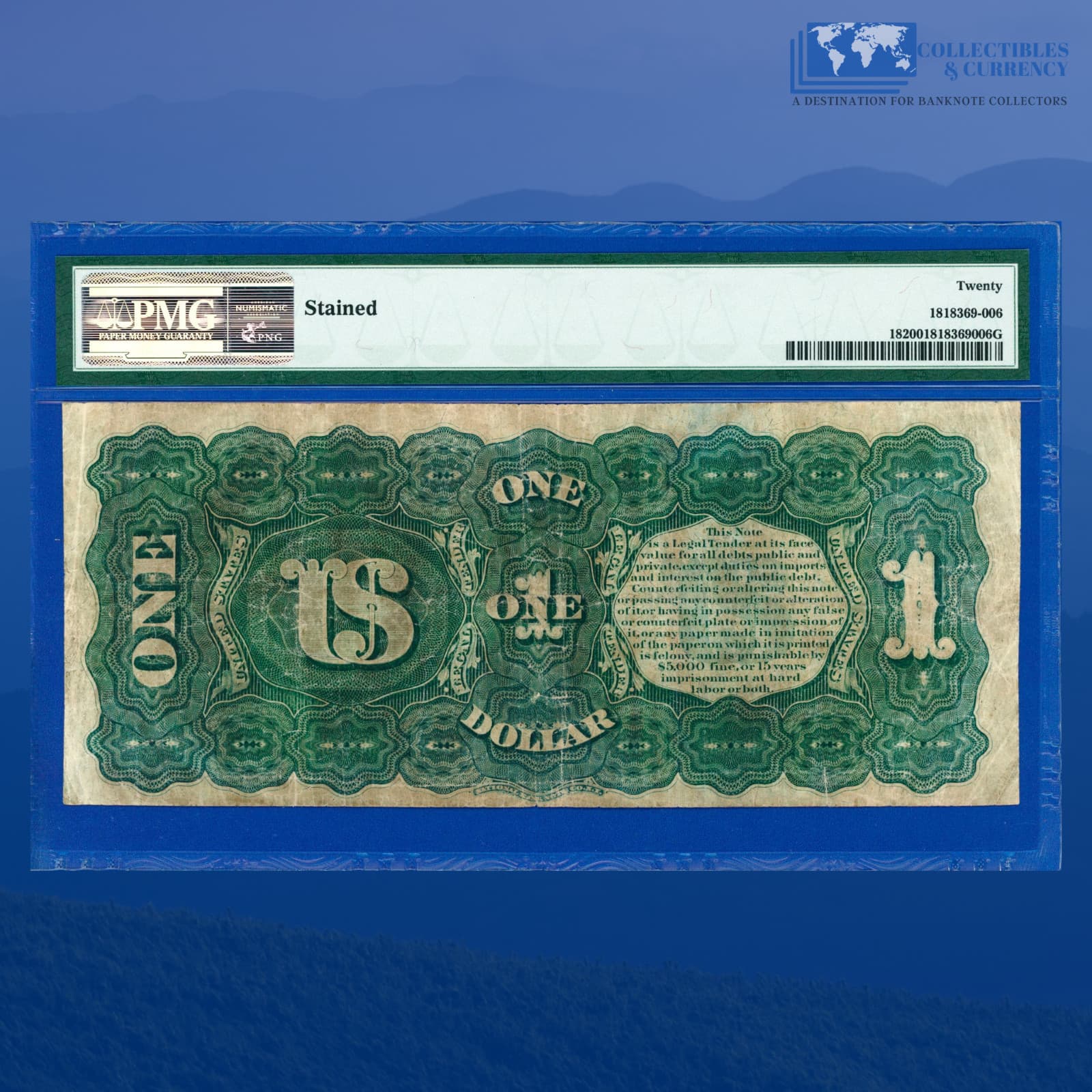 Fr.18 1869 $1 One Dollar "RAINBOW" Legal Tender Note, PMG VF 20 #20341 2