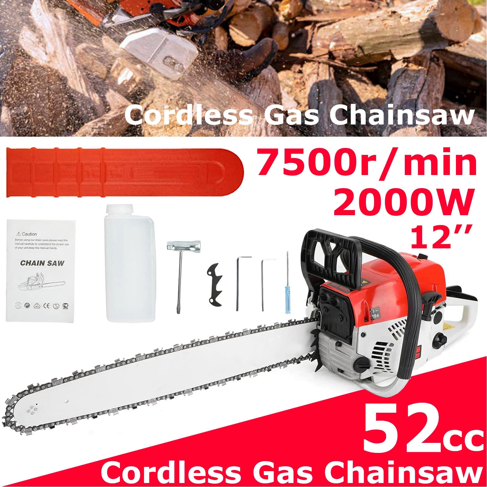 2-Stroke Gasoline Chainsaw 52 CC 20" Bar Power Engine Wood Cutting Gas Chain Saw