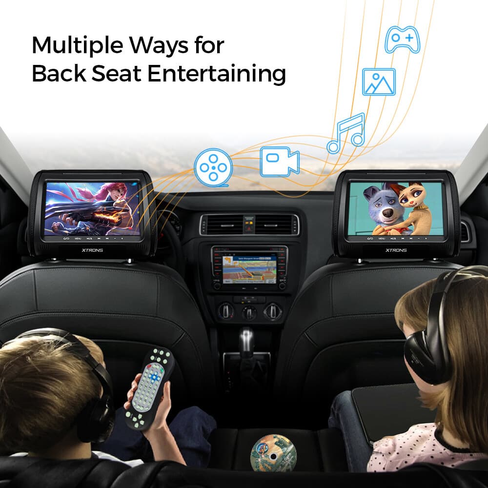 1 Pair 9" HD Car Pillow Headrest Monitor DVD Player HDMI USB SD FM IR+Headphones 5