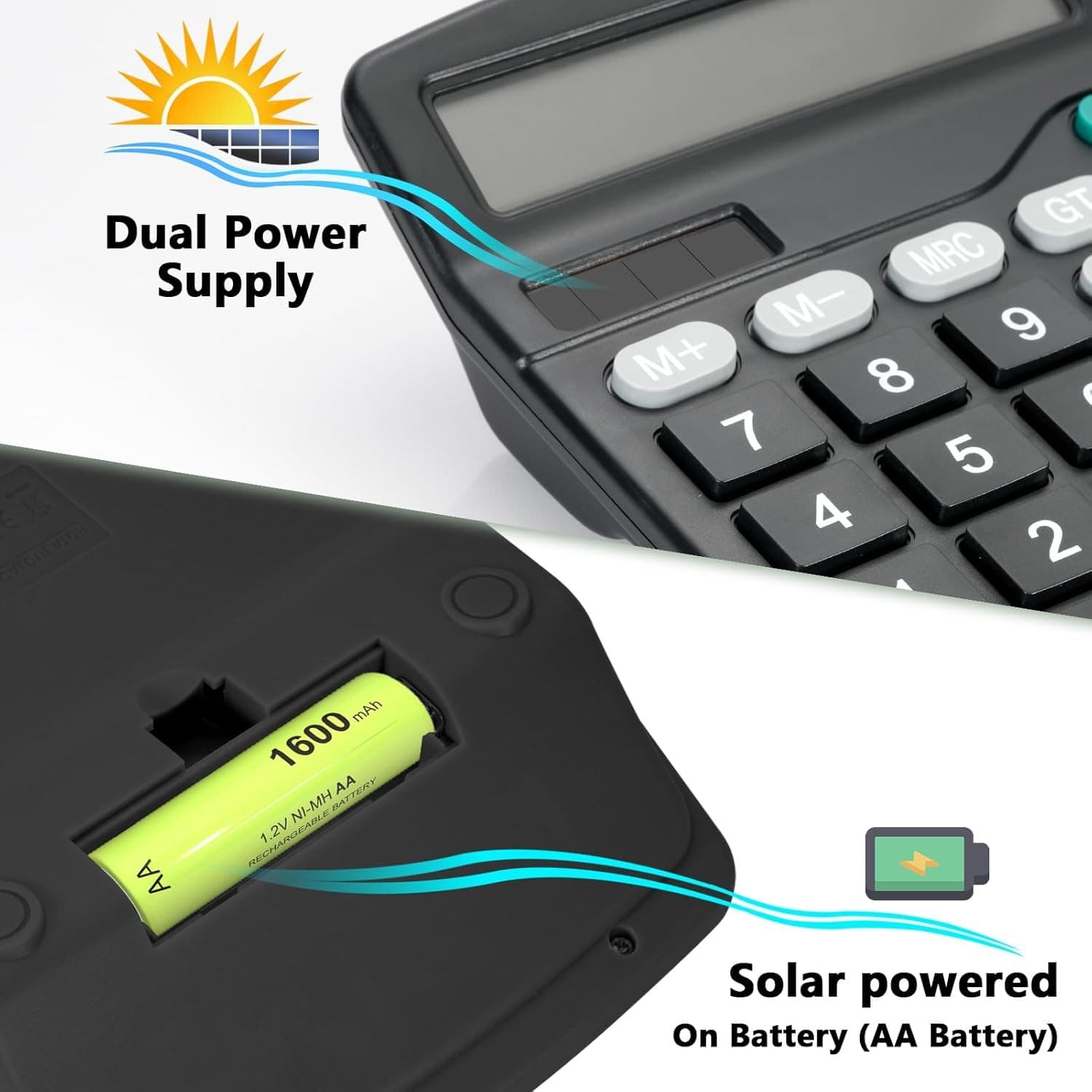 Desktop Calculator with Big Buttons, Dual Power Source, Solar and Black  3