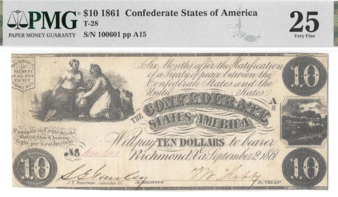 T-28 PF-7 1861 $10 Confederate Civil War Note PMG Very Fine 25 Bright Good Color