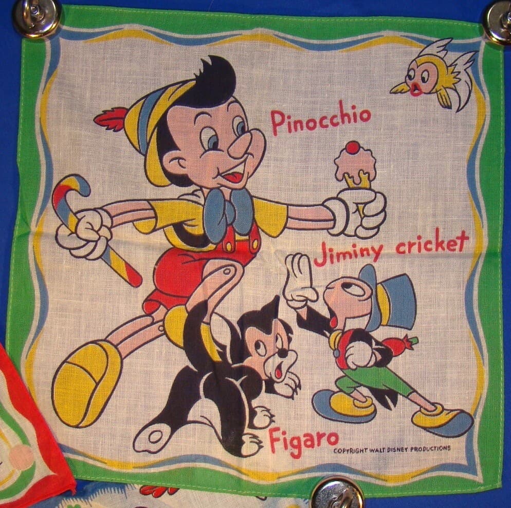 WALT DISNEY MICKEY & MINNIE, SNOW WHITE & PINOCCHIO HANDKERCHIEFS 1950’s! 2