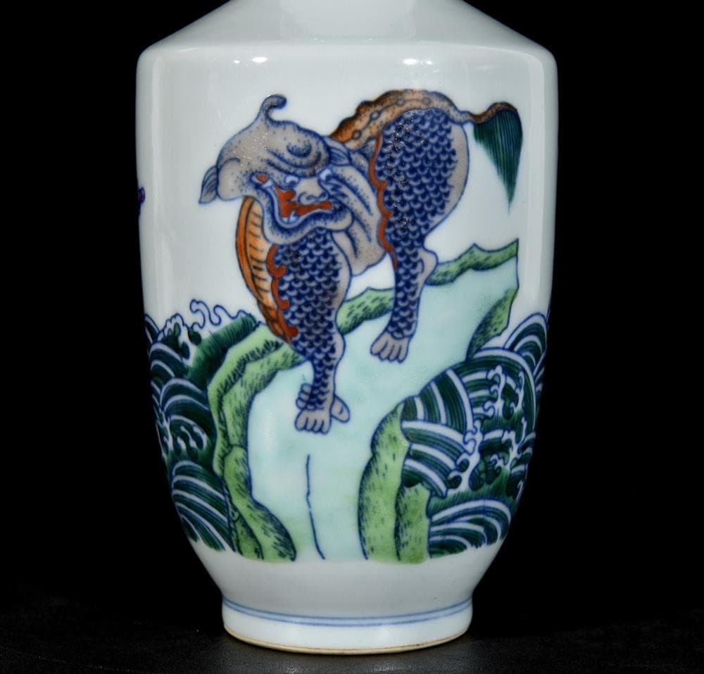 Pair Yongzheng Signed Old Chinese Doucai Vase W/kylin U1339 6