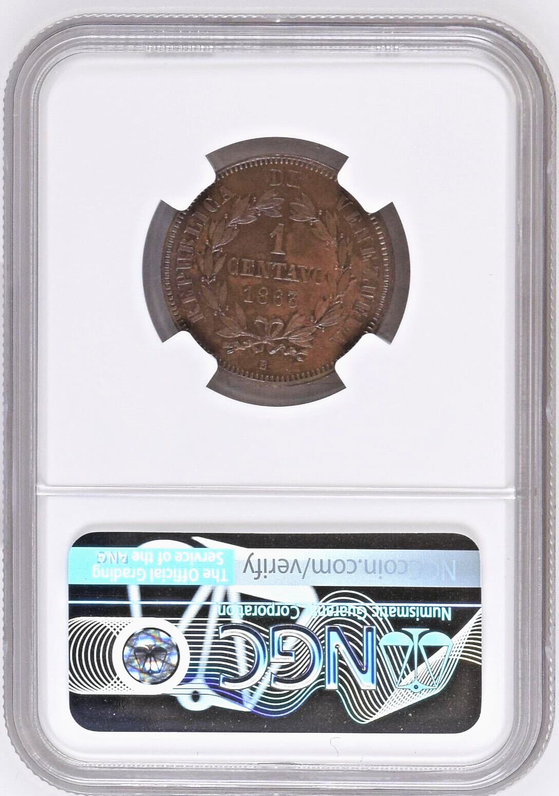 1863-E VENEZUELA REPUBLIC COPPER ESSAI CENTAVO (PATTERN) NGC GEM SPECIMEN-65 BWN 6