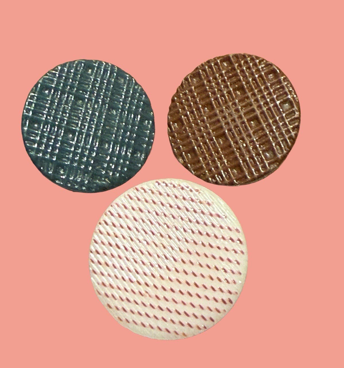 3 Old China TWISS Buttons ,   Pattern 1 & #8 , Plaid 11/16”-3/4"