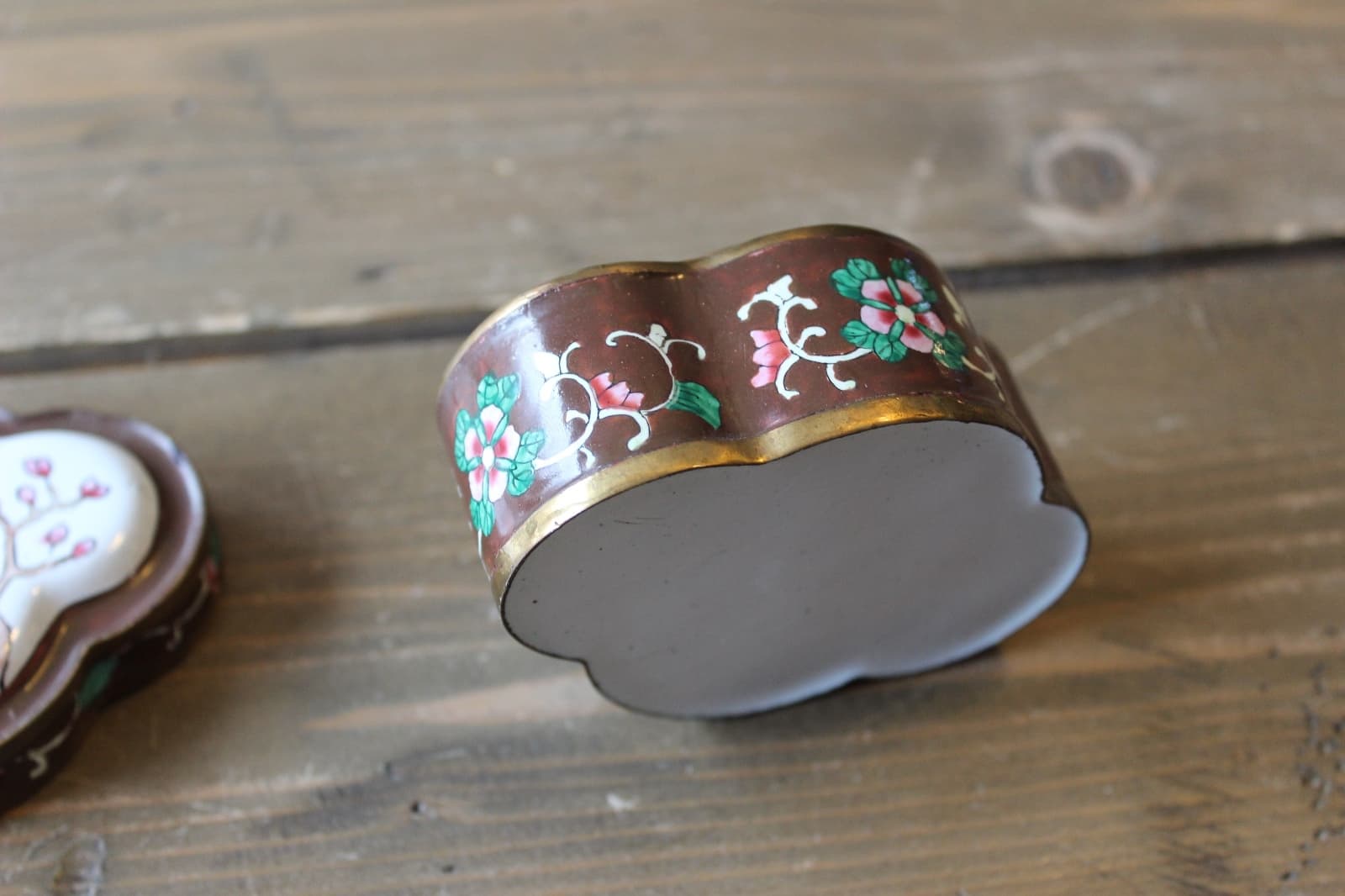 Antique Brass Enamel Flower Trinket Jar 3.75 x 2.75 x 2 inches 6