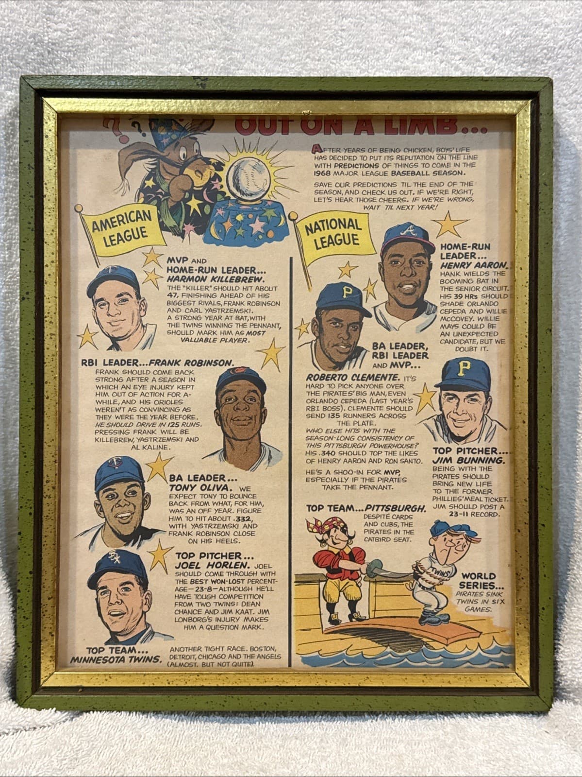 RARE 1968 Harmon Killebrew, Tony Oliva, Roberto Clementa, Hank Aaron Piece, LOOK