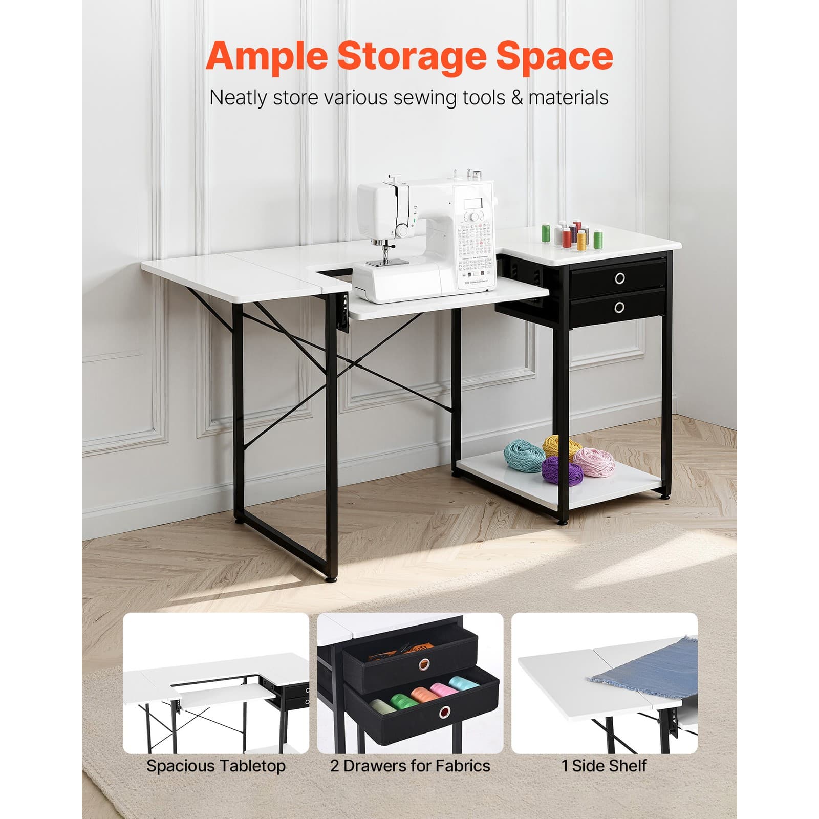 Uimoso Multipurpose Sewing Machine Table with Drawers and Foldable Shelf 2