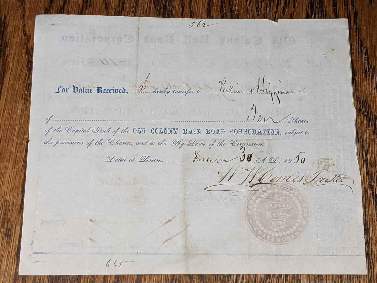 1850 Old Colony Railroad Corporation Stock Certificate Shares Boston Signed 3
