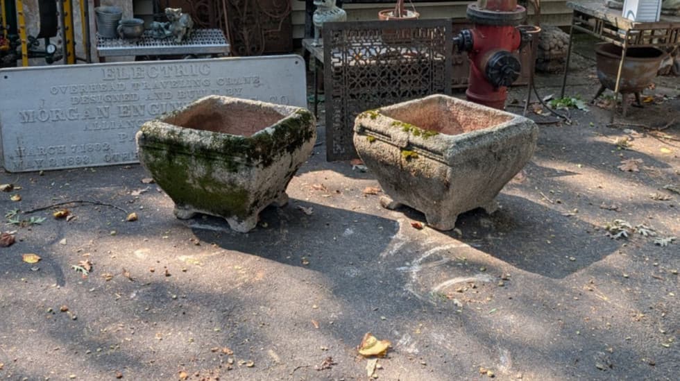 Pair Old or Antique Large Concrete Garden Planters 20" x 20" x 16"