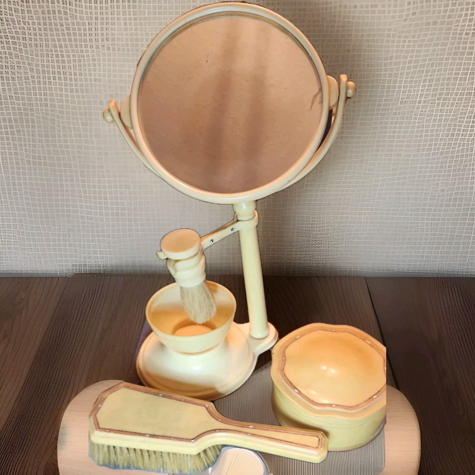 Antique Fuller Signed Celluloid Barber Shaving Set w/Mirror, Brush, & Powder Jar