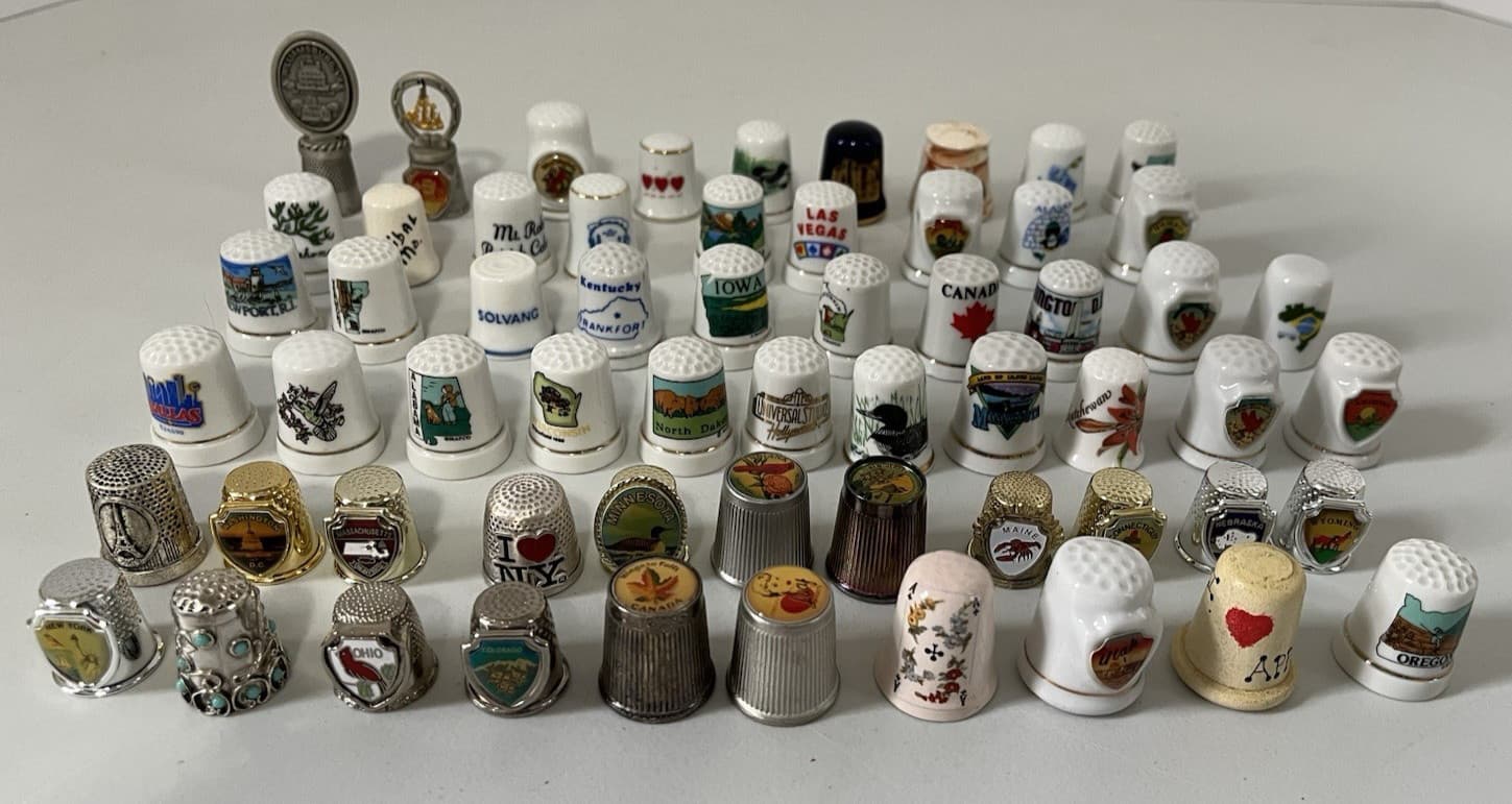 Lot Of 60 Thimbles - Metal • Ceramic • Porcelain • Mixed - Vintage Souvenir