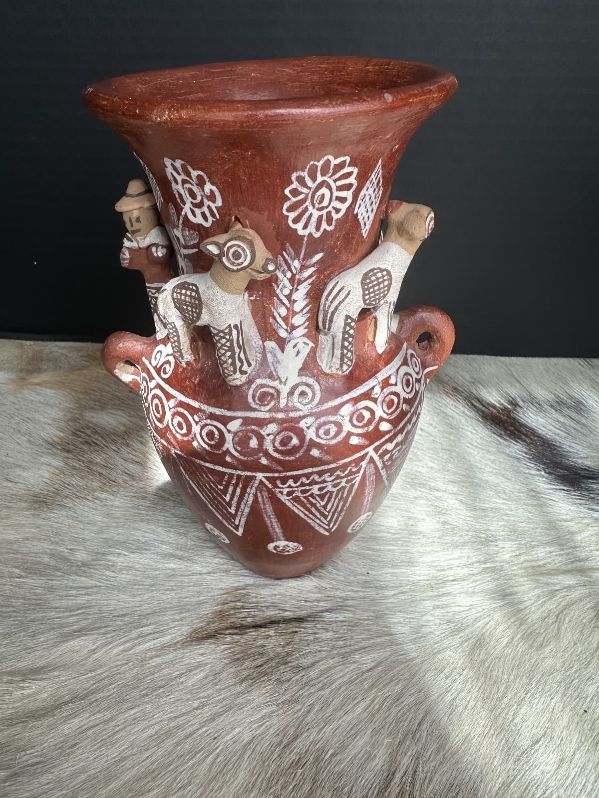 Peruvian Vase Handmade Terra Cotta Clay With 3-Dimensional Figurines 8" Tall 3